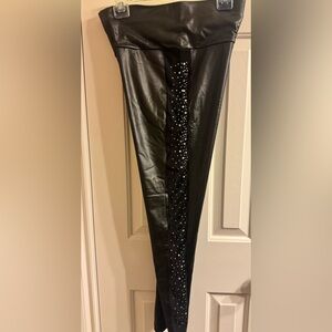 CHIC ME Black Satin Leggings with Side Mesh & Rhinestone Accents (NWOT)